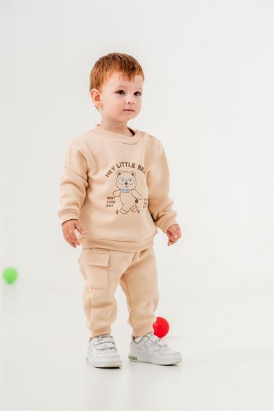 Erkek Bebek Ayıcıklı Desenli Pamuklu 3 İplik Kışlık Sweatshirt Eşofman Alt-Üst Takım