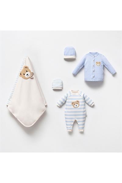 Erkek Bebek Pamuklu Ayı Desenli Süzene Battaniyeli 5 Parça Hastane Çıkışı Zıbın Seti