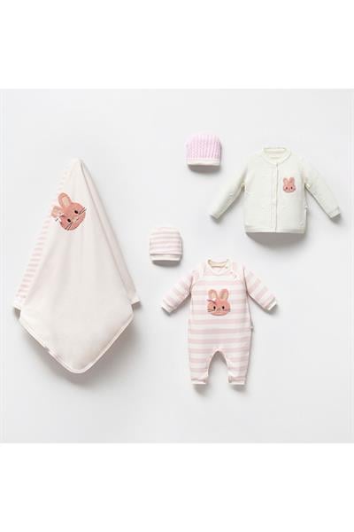 Erkek Bebek Pamuklu Ayı Desenli Süzene Battaniyeli 5 Parça Hastane Çıkışı Zıbın Seti