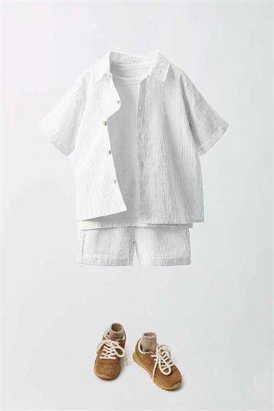 Erkek Çocuk Dokuma Gömlek Bermuda Şort Beyaz T-shirt Alt-Üst 3lü Takım