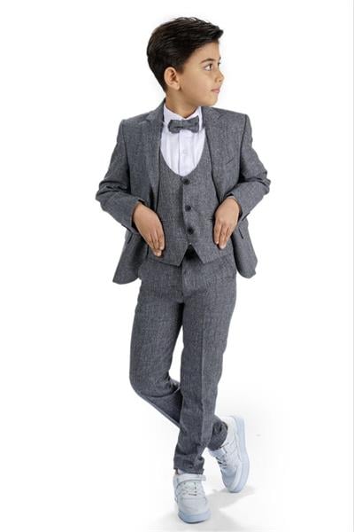 Erkek Çocuk Gri Ceket Gömlek Yelek Papyon Pantolon Smokin Damatlık Takım