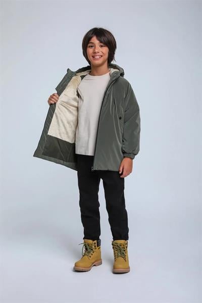Erkek Çocuk Kapüşonlu Astarlı Fermuarlı Haki Mont