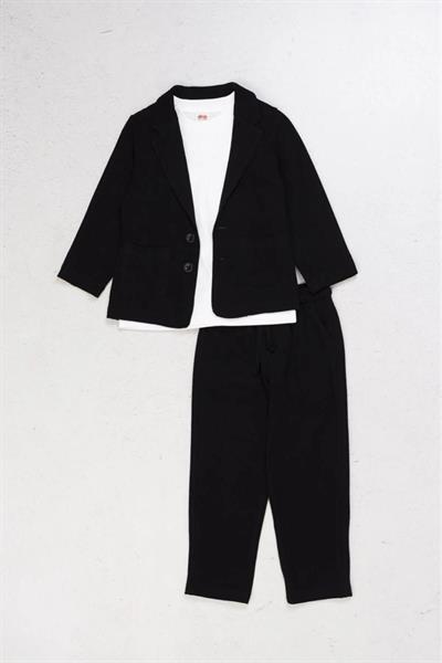 Erkek Çocuk Keten Siyah Ceket Pantolon Beyaz T-shirt Alt-Üst 3lü Takım