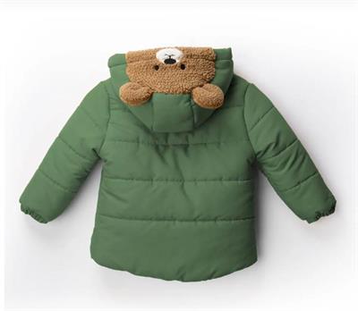 Erkek Çocuk Yeşil Kapüşonlu Astarlı Fermuarlı Ayıcık  Mont