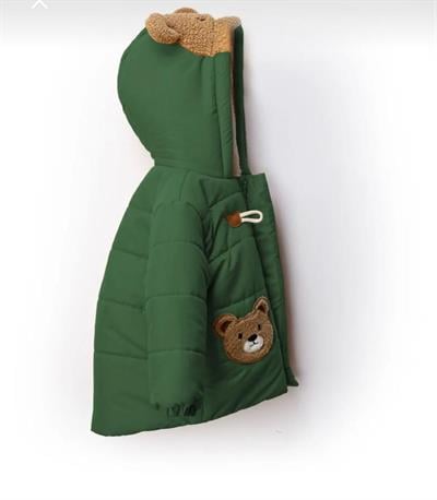 Erkek Çocuk Yeşil Kapüşonlu Astarlı Fermuarlı Ayıcık  Mont