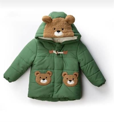 Erkek Çocuk Yeşil Kapüşonlu Astarlı Fermuarlı Ayıcık  Mont