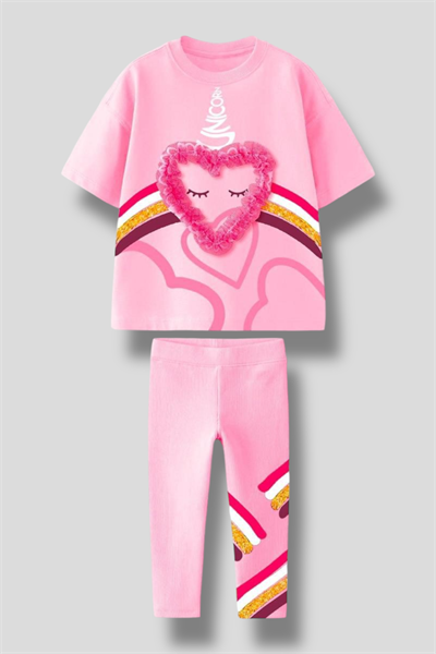 Kız Çocuk 3D Kalp Detaylı Unicorn Baskılı Tişört ve Tayt Takımı – 2li Set, Pamuklu ve Rahat