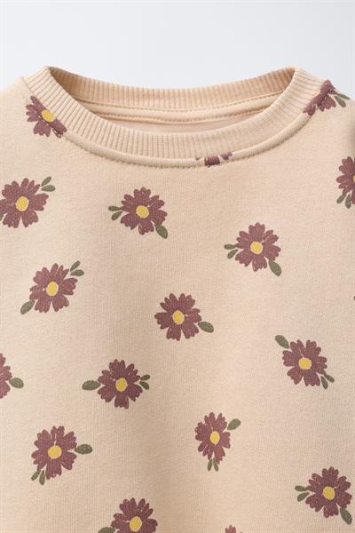 Kız Çocuk Pamuklu Bej Çiçek Desenli Sweatshirt ve Tayt Takımı - Yumuşak Dokulu