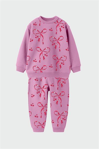 Kız Çocuk Pamuklu Pembe Kurdele Desenli Eşofman Takımı - Kalpli Desenli Sweat ve Alt