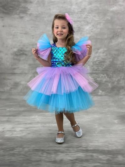 Kız Çocuk Renkli Tüllü Denizkızı Temalı Abiye Elbise