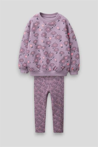 Kız Çocuk Pamuklu Mor Çiçek Desenli Sweatshirt ve Tayt Takım - Rahat ve Şık Günlük Kombin