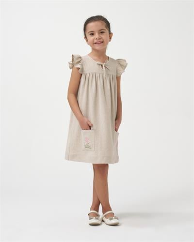 Kız Çocuk Keten Bej Çiçek Nakışlı Fırfır Kollu Elbise