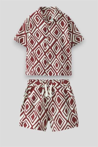 Erkek Çocuk Pamuklu Geometrik Desenli Şortlu Gömlek Takım – Yazlık Rahat Kesim
