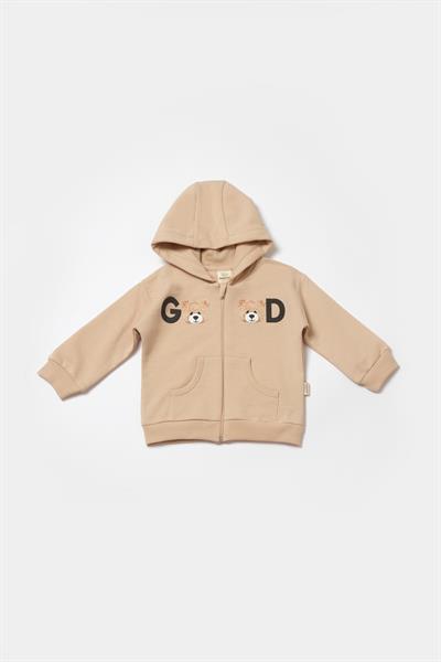 Bebek Pamuklu Bej Kapüşonlu Ayıcık Baskılı Eşofman Takımı - İki Parça