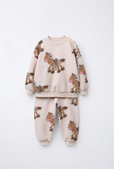 Çocuk Desenli Bej Sweatshirt ve Eşofman Altı Takımı