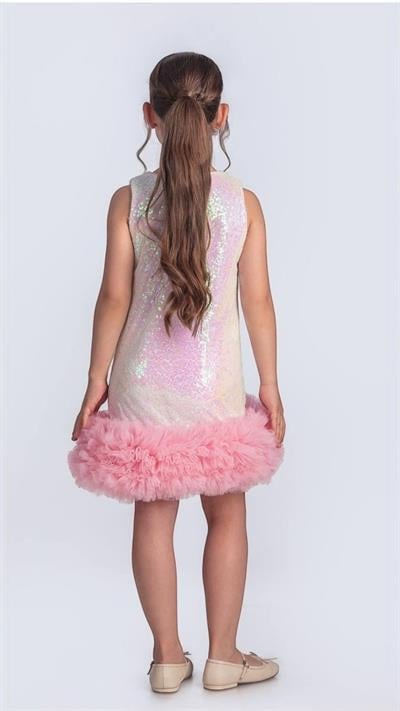 Kız Çocuk Pembe Pul Payetli Tüllü Fırfır Etek Ucu Detaylı Elbise
