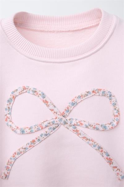 Kız Çocuk Pamuklu Pembe Fiyonk Desenli Sweatshirt ve Çiçek Desenli Tayt Takım