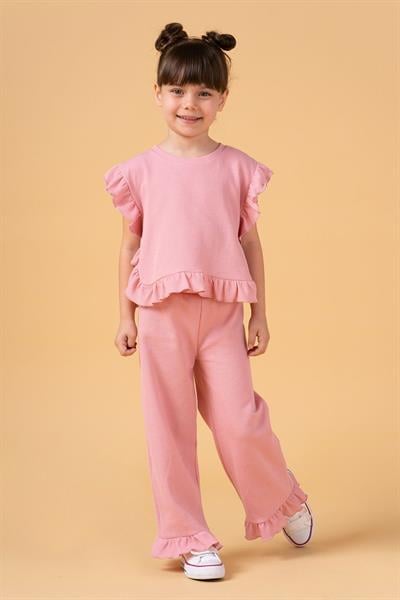 Kız Çocuk Pamuklu Pembe Fırfırlı Takım - Kısa Kollu Üst ve Bol Paça Pantolon