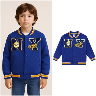 Unisex Çocuk Pamuklu Lacivert Kolej Ceket - Harf ve Ejderha Aplikeli Bomber Mont