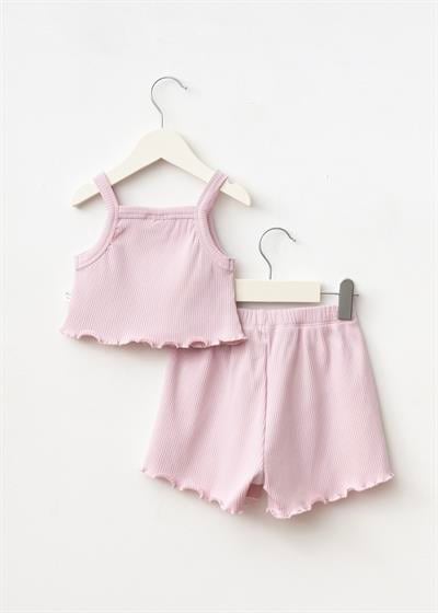 Kız Çocuk Pamuklu Pembe Deniz Yıldızı Nakışlı Crop Şort Takım - Ribana Kumaş