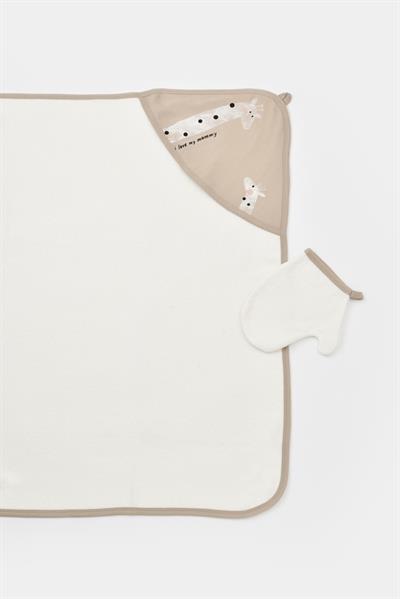 Unisex Bebek Pamuklu Kapüşonlu Havlu Seti Bej – Zürafa Desenli Eldivenli
