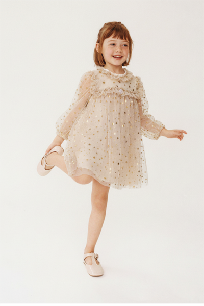 Kız Çocuk Pamuklu Bej Altın Yıldız Desenli Tül Elbise - Özel Gün Davet Elbisesi