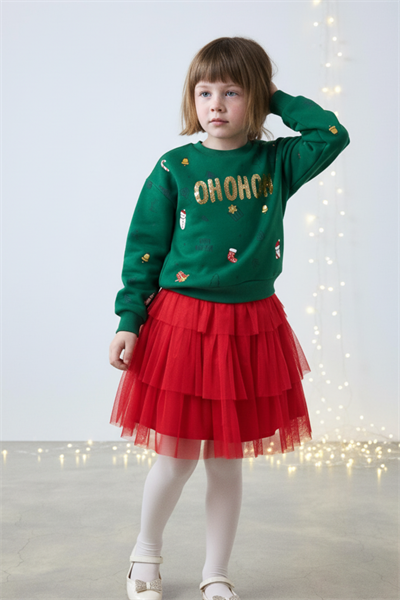Kız Çocuk Pamuklu Yeşil Sweatshirt ve Kırmızı Tül Etek Takım - Yılbaşı Konseptli