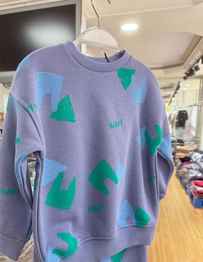 Erkek Çocuk Pamuklu Mavi Renk Desenli Sweatshirt ve Eşofman Alt Takım – Yeşil Turkuaz NAVI Baskılı