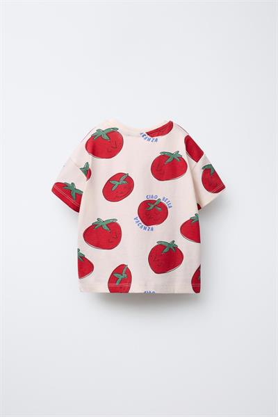 Unisex Çocuk Pamuklu Krem Domates Desenli T-Shirt Şort Takım