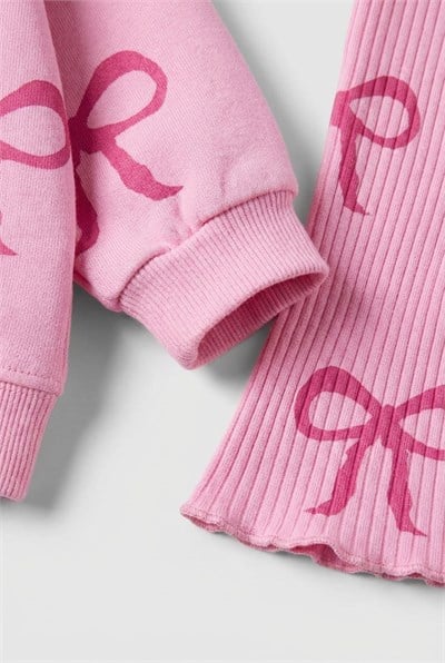 Kız Çocuk Fiyonk Desenli Pembe Sweatshirt ve İspanyol Paça Tayt Takımı