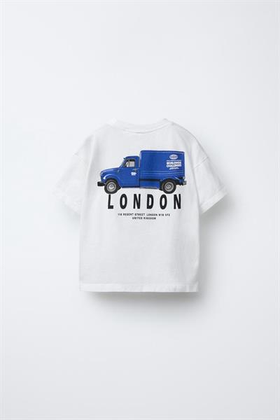 Erkek Çocuk Pamuklu Beyaz London Kamyon Baskılı T-shirt - Şehir Temalı