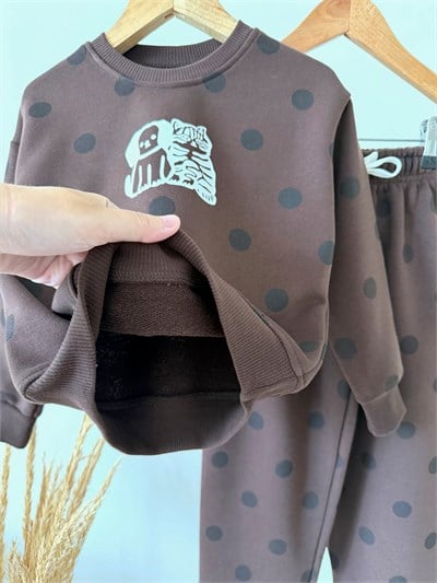 Çocuk Pamuklu Baskılı Kahverengi Puantiyeli Sweatshirt ve Eşofman Takımı