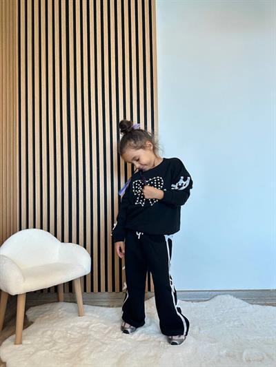 Kız Çocuk Pamuklu Siyah Fiyonklu İncili Şerit Detaylı Eşofman Takım