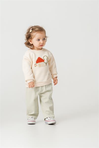 Kız Çocuk Pamuklu Ekru Ev Nakışlı Sweatshirt ve Pantolon Takım