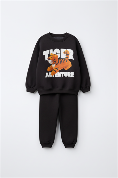 Erkek Çocuk Pamuklu Siyah Kaplan Baskılı Sweatshirt ve Eşofman Alt Takım