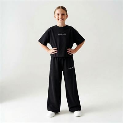 Kız Çocuk Pamuklu Siyah Baskılı T-Shirt Pantolon Takım - Bol Kesim Rahat Set