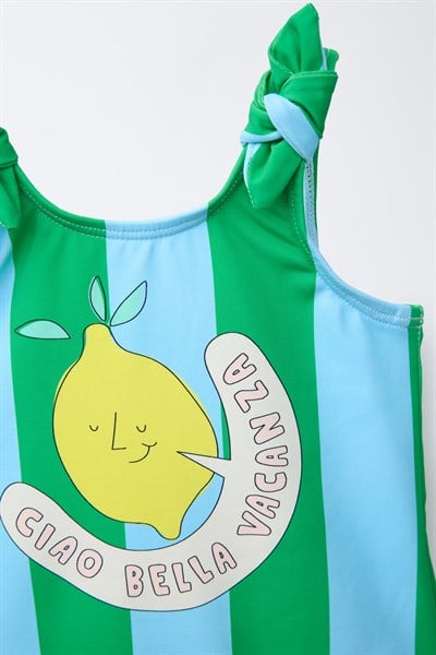 Limon Baskılı Çizgili Askılı Mayo