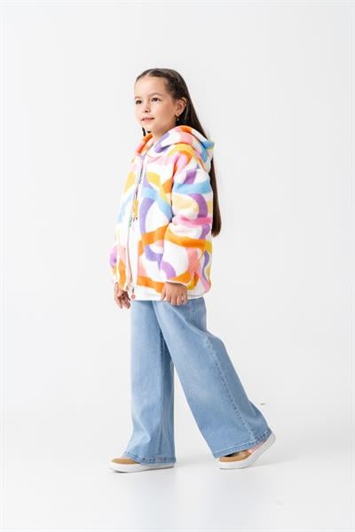 Kız Çocuk Pamuklu Renkli Desenli Kapüşonlu Fermuarlı Polar Mont - Konforlu Dış Giyim