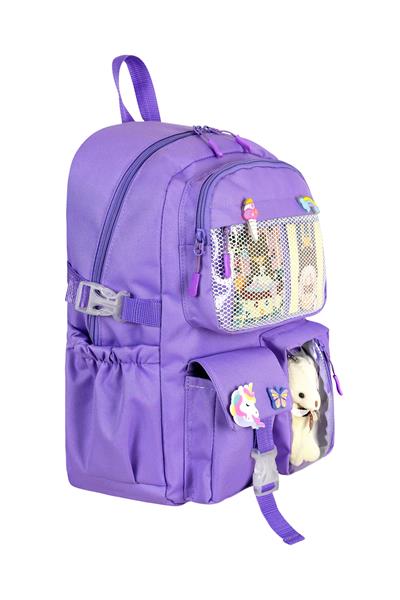 Kız Çocuk Mor Unicorn ve Peluş Oyuncaklı Okul Çantası - Şeffaf Cepli