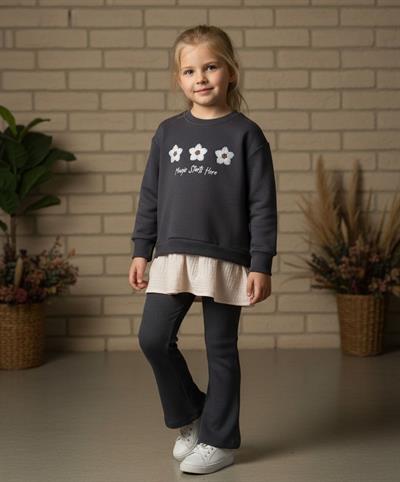 Kız Çocuk Pamuklu Antrasit Çiçek Nakışlı Sweatshirt ve Flare Tayt Takım - Katmanlı Fırfır Detaylı