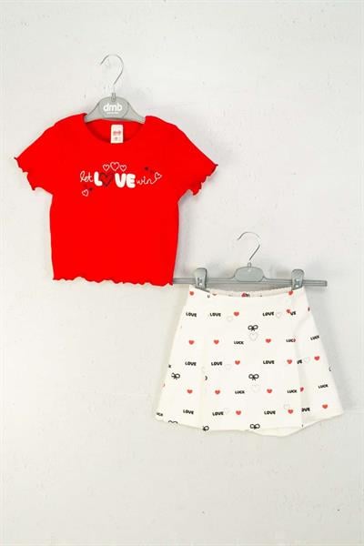 Kız Çocuk Pamuklu Kırmızı T-shirt ve Desenli Etekli Takım