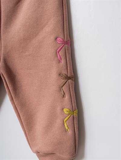 Kız Çocuk Pamuklu Pudra Dantel ve Fiyonk Detaylı Eşofman Takımı - Yumuşak Kumaşlı İki Parça Set