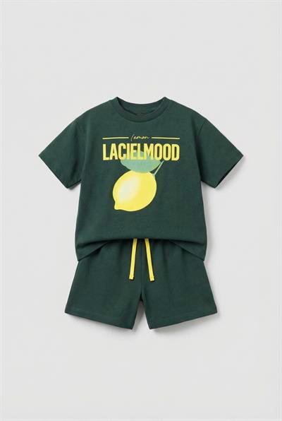 Çocuk Pamuklu Koyu Yeşil Limon Baskılı T-Shirt Şort Takım - Yazlık Spor Kombin