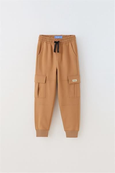 Unisex Çocuk Pamuklu Siyah Bej 2li Kargo Cepli Eşofman Altı Jogger Pantolon Seti