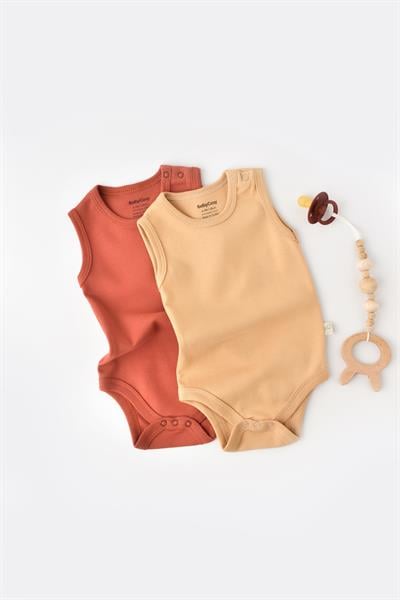 Unisex Bebek Pamuklu Kolsuz Hardal & Tarçın Atlet Body 2li Set
