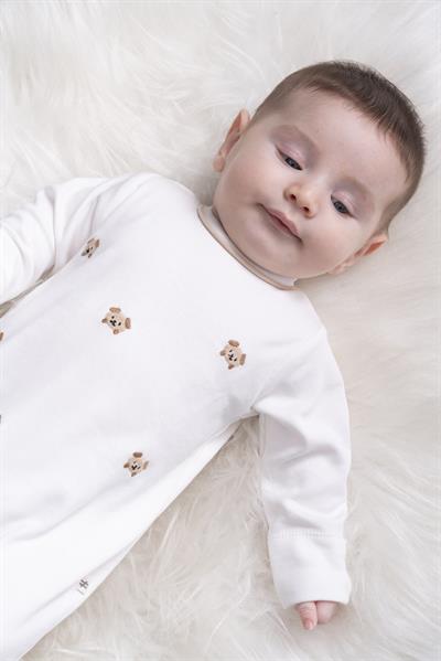 Unisex Bebek Pamuklu Ekru Nakışlı Tulum - Uzun Kollu Çıtçıtlı