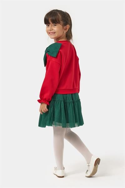 Kız Çocuk Pamuklu Kırmızı Fiyonklu Sweatshirt Yeşil Tüllü Etekli Takım - Şık ve Konforlu Kombin