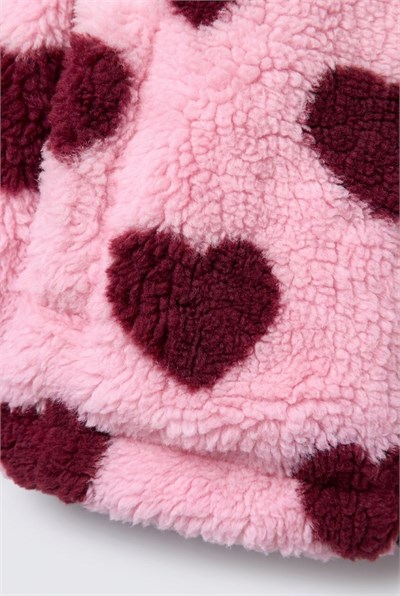 Kız Çocuk Kalp Desenli Pembe Peluş Ceket