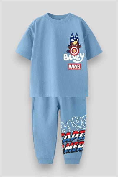 Erkek Çocuk Pamuklu Mavi Bluey & Marvel Baskılı Takım - Kaptan Amerika Temalı