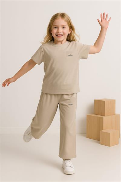 Kız Çocuk  Bej Basic Yazı Baskılı Eşofman Takım 